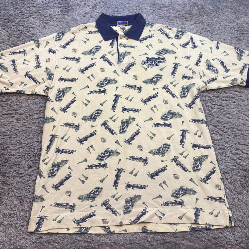 Vtg Golf Polo Men XL Creamy Beige AOP Short Sleeve Port Authority Shirt 90s USA