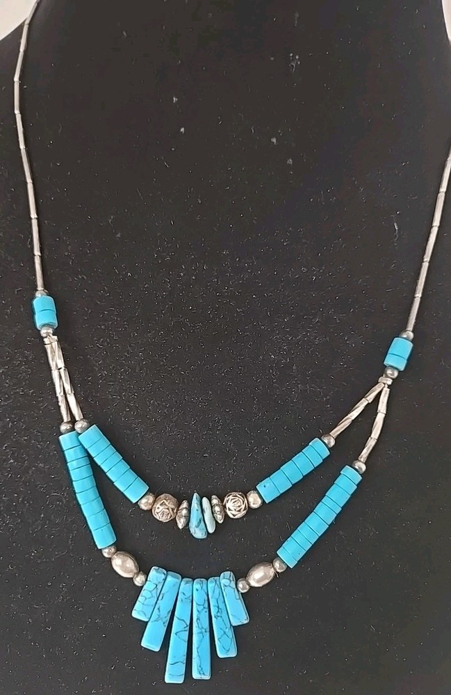 Vintage Liquid Silver Bar Bead Turquoise Necklace 20 Inches Boho South Western