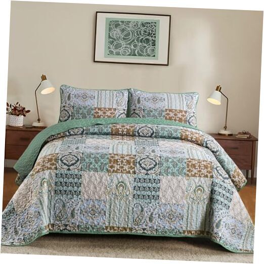 Boho Quilt Set Size, Paisley Patchwork Plaid Bedspread Bedding Queen Green