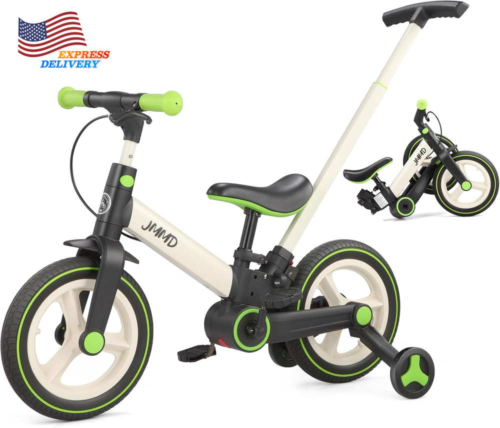 Toddler Bike with Push Handle 6 in 1 Foldable Pedals Brakes Kickstand