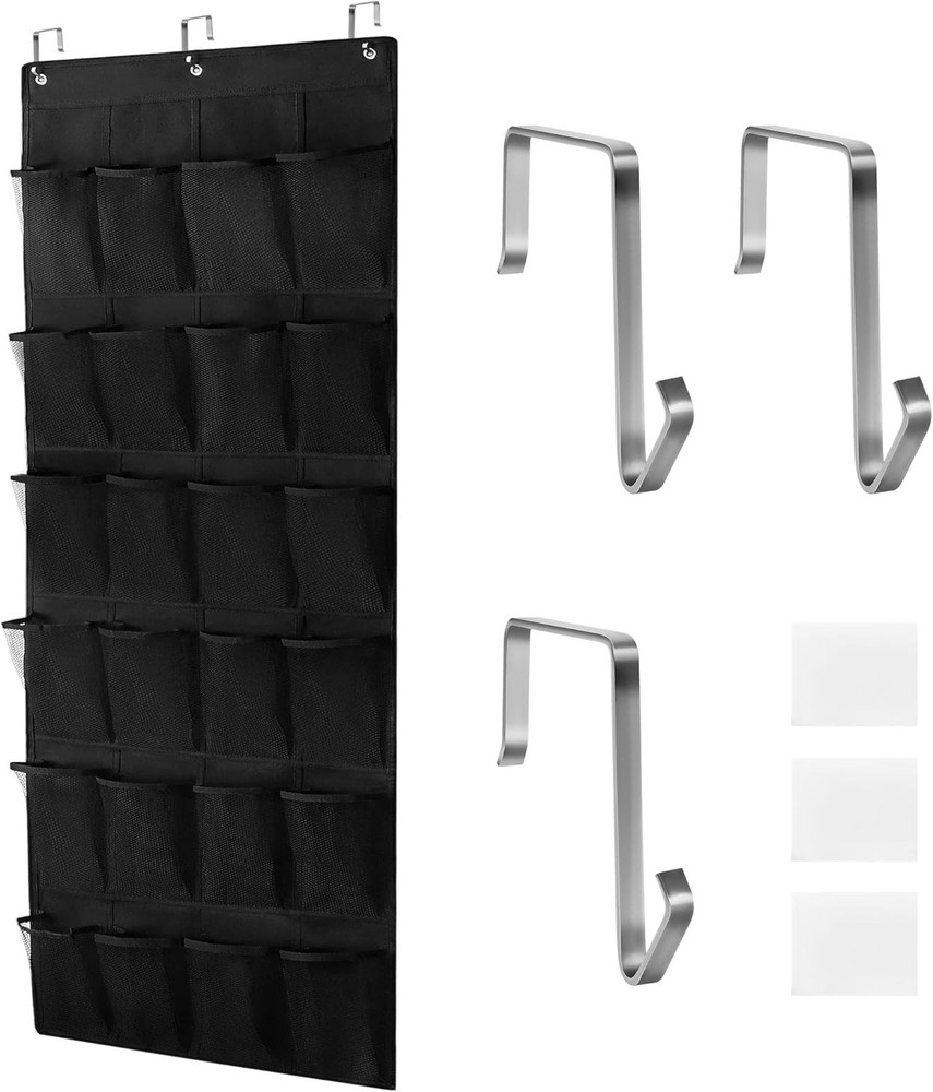 24 Large Pockets Upgraded Over the Door Shoe Organizer, Enhanced Black