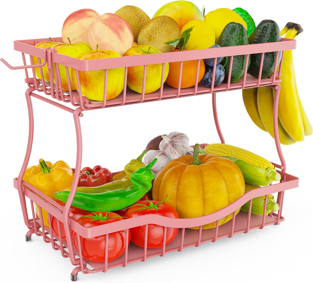Pink 2 Tier Large Fruit Basket for Kitchen Counter with 2 Banana Hangers, Metal