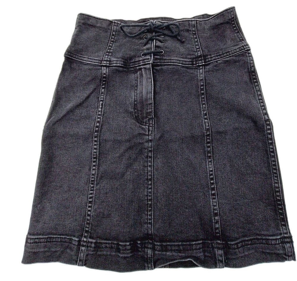 Free People Skirt Size 6 Black Femme Lace Up Denim Mini Dark Wash Stretch Jean