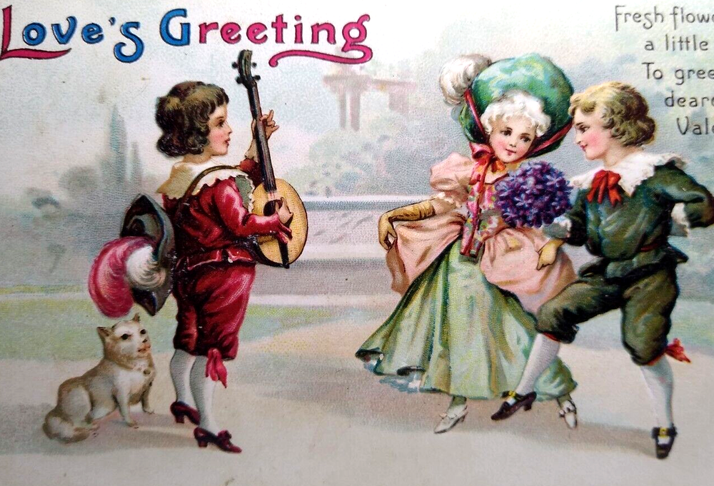 Victorian Valentine Postcard by Ellen Clapsaddle Featuring Lute Guitar and Dog 1834