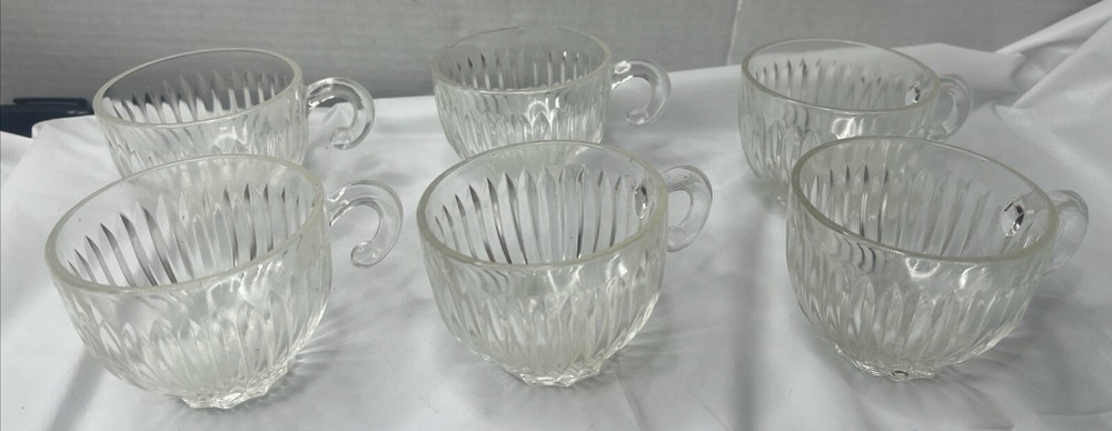 Vintage Indiana Lancaster Ribbed Glass Punch Bowl Cups Set of 6