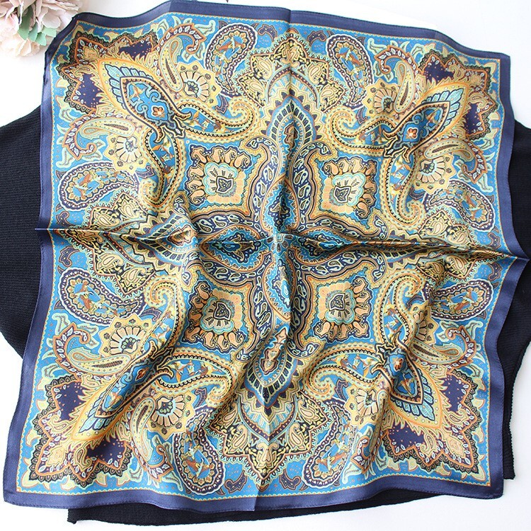 100% Silk Vintage Blue Paisley Scarf for Women, Small Square Bandana 53x53cm