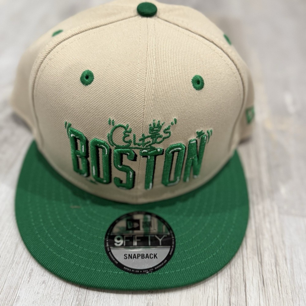 New Era 9Fifty Snapback Hat Boston Celtics Beige Green Embroidered Logo NBA Cap