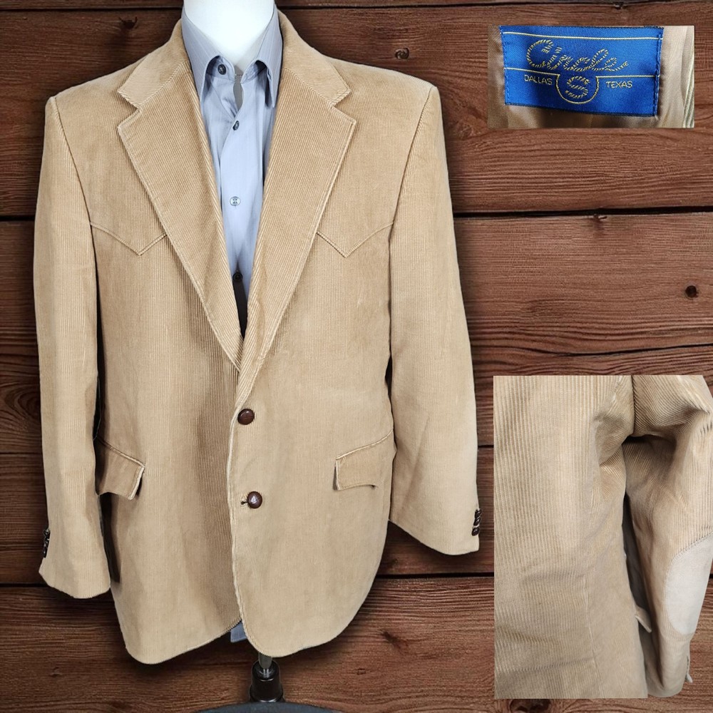 Circle S Blazer Jacket Mens 48R Beige Corduroy Western Style Elbow Patches