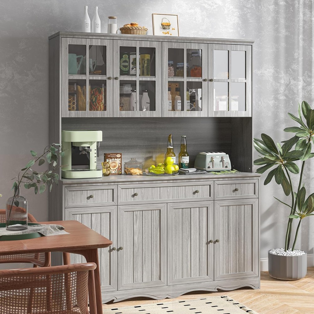 Large Kitchen Pantry Storage Cabinet with Glass Doors and Hutch, 75.9 Inches Wide