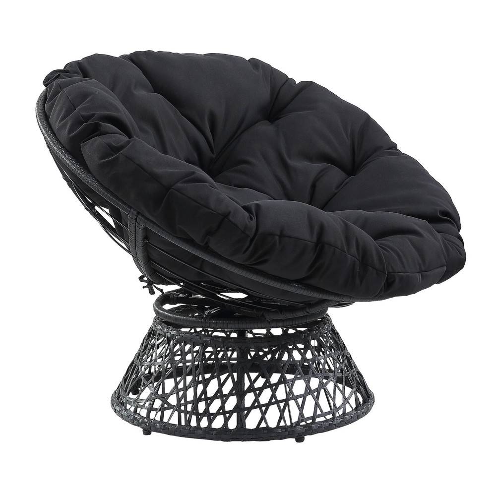 360-Degree Swivel Wicker Papasan Chair - Grey Frame & Black Cushion