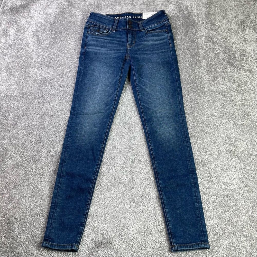American Eagle Jeggings Women's 2 Blue Skinny Dark Wash Low-Rise Stretch Preppy