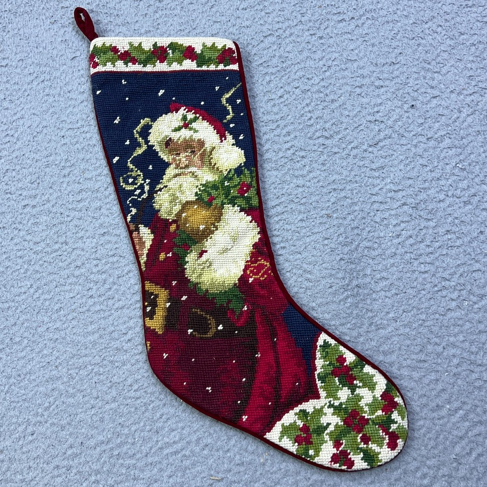 Vintage Needlepoint Christmas Stocking Santa Holly Snow Velvet Lined 21.5 Inch