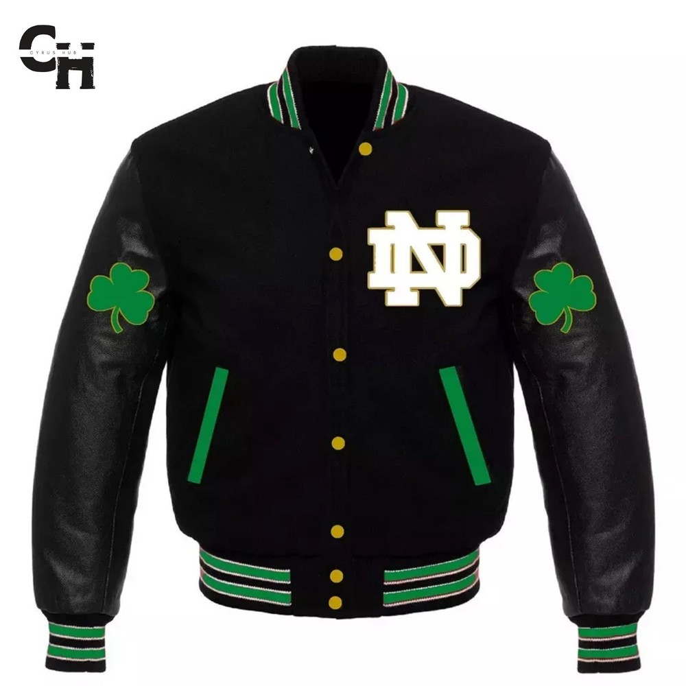 New Notre Dame Fighting Irish Varsity Jacket | Black Letterman Bomber Style