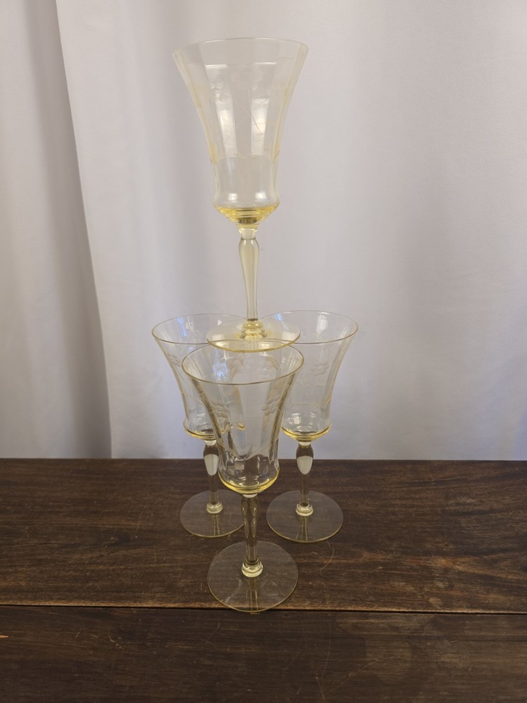 Set Of 4 Depression Glass Etched Yellow Floral Crystal Paneled Flared Bowl Wine