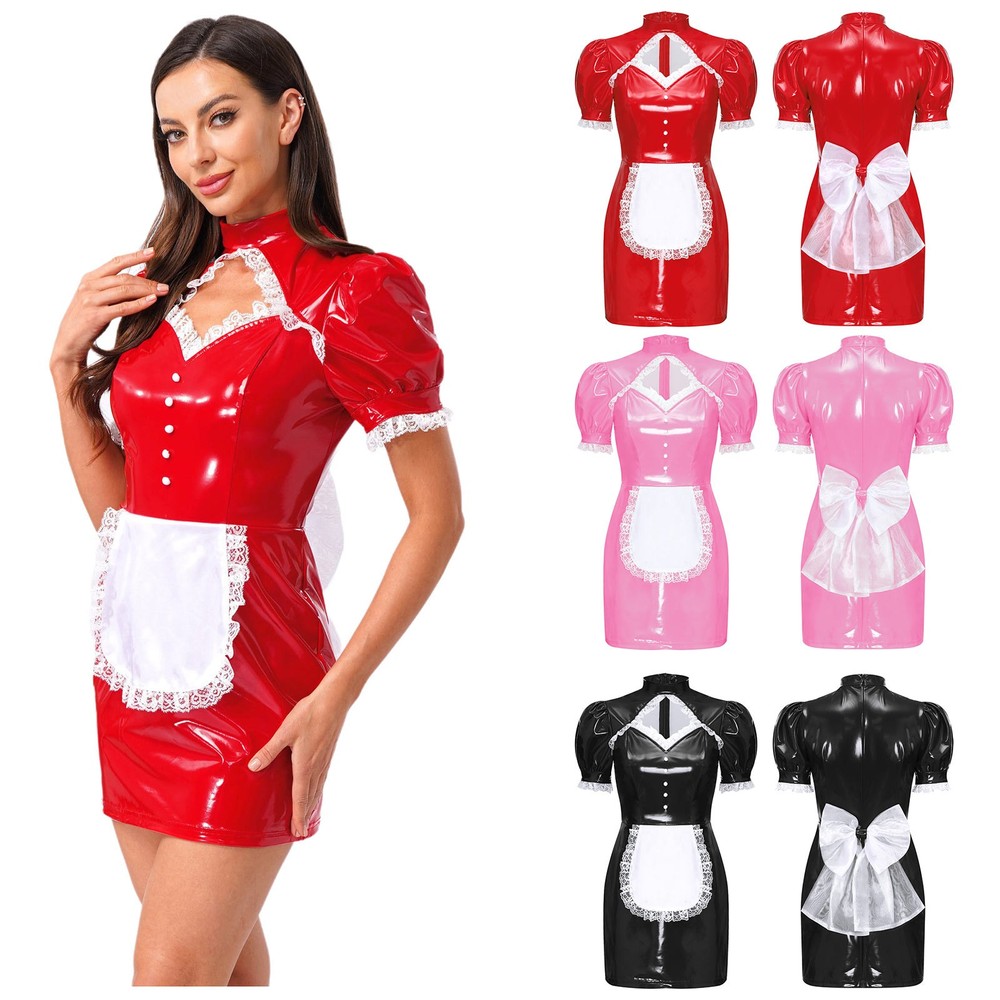 Womens Patent Leather Wet Look Maid Fancy Dress-up Costume Cosplay Bodycon Dress