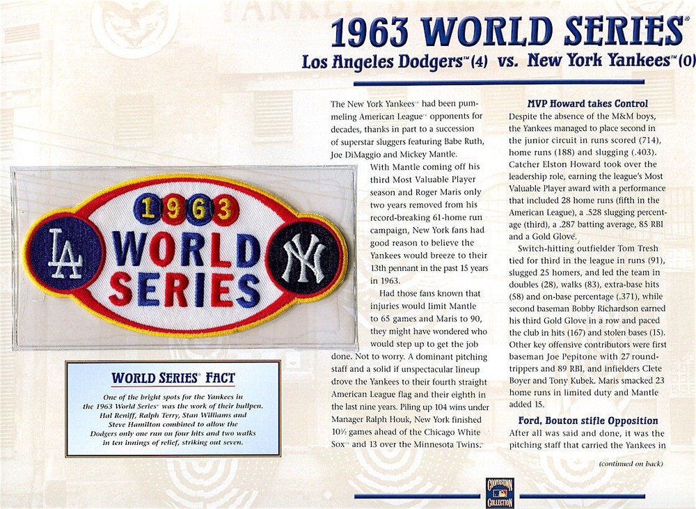 1963 WORLD SERIES PATCH CARD Willabee Ward LOS ANGELES DODGERS New York Yankees