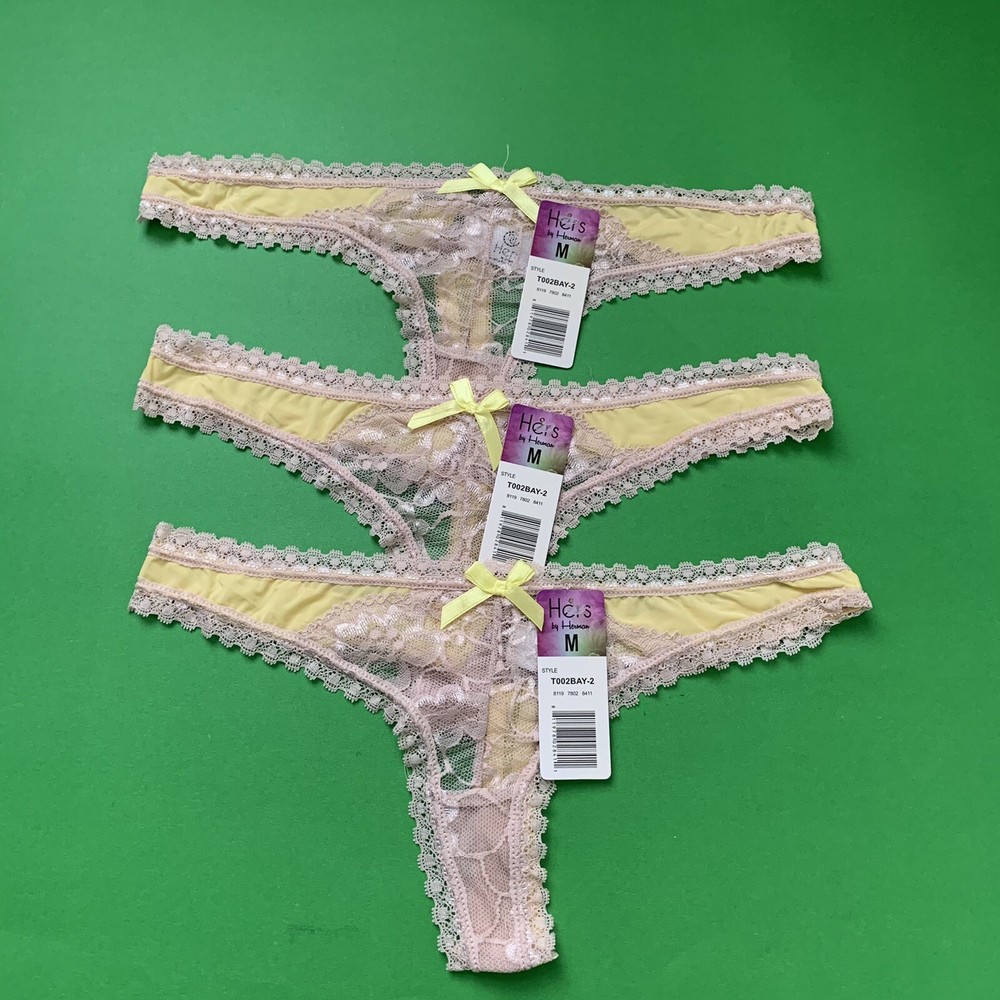 3 Hers By Herman Lace Thongs Yellow /Beige  Floral Sz Medium  New