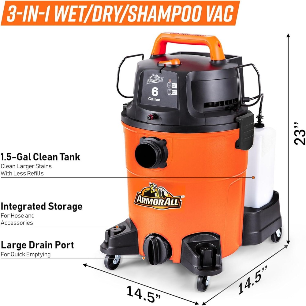 Armor All 6-Gallon 5.5 HP 3-in-1 Wet Dry Upholstery Shampoo Vacuum