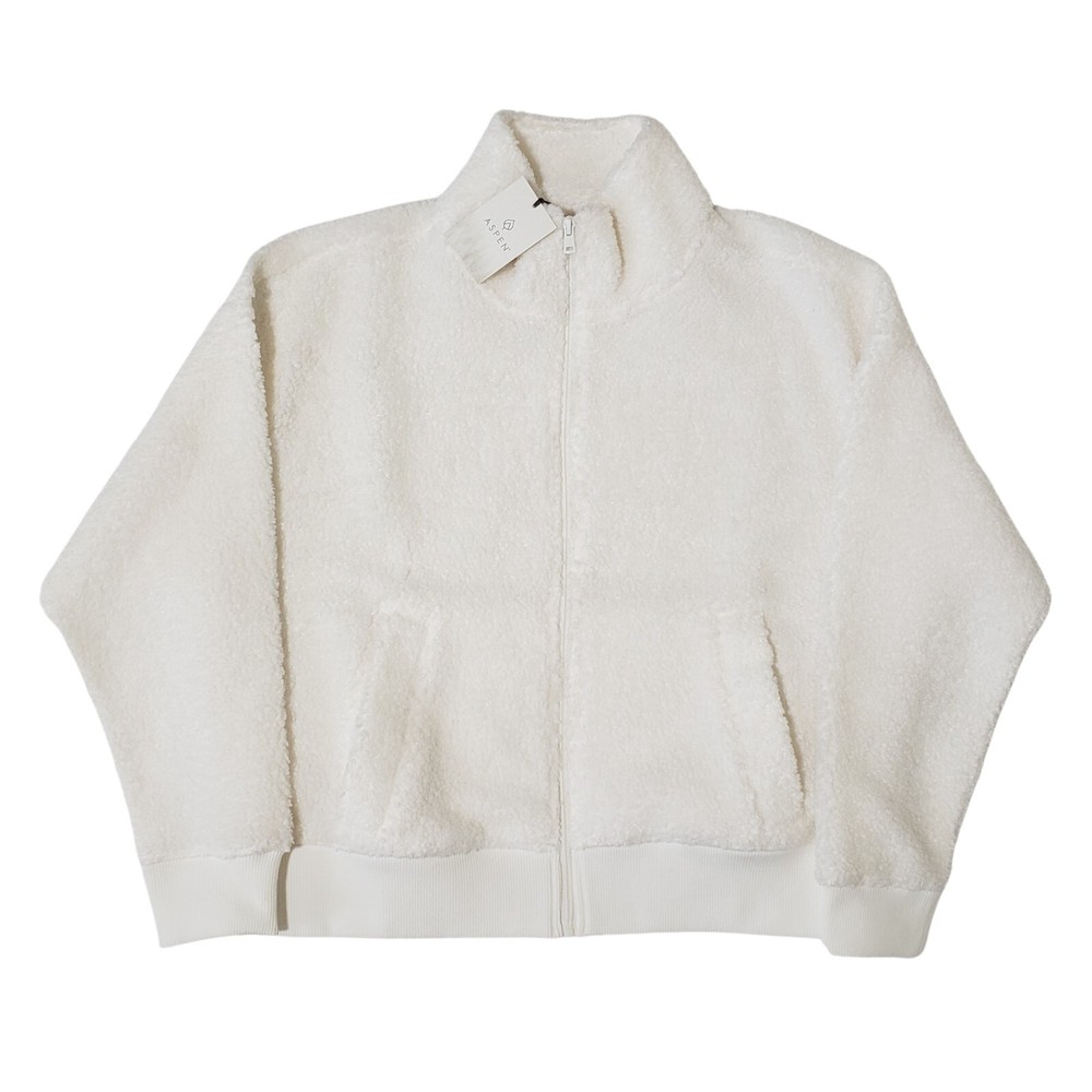 Women's Large White Aspen Fleece Bomber Jacket Cozy Zip-Up NWT
