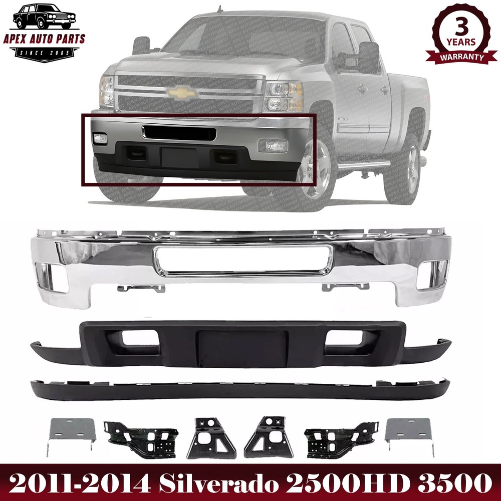 Front Bumper Chrome Steel Kit With Brackets For 2011-2014 Silverado 2500HD 3500
