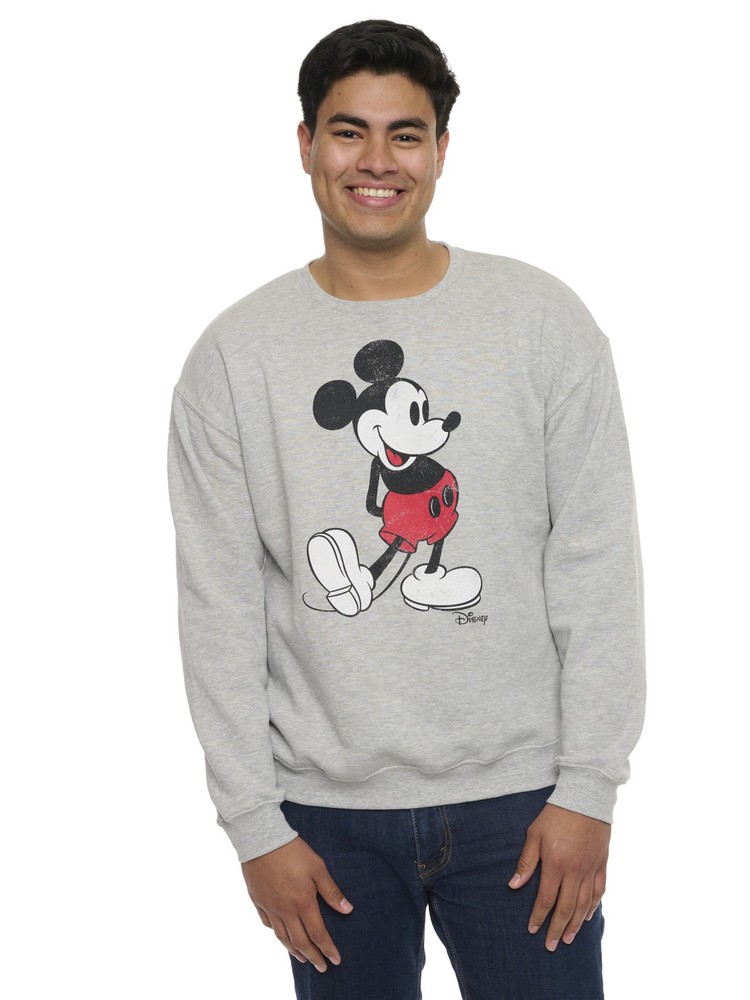 Men's Disney Mickey Mouse Crew Neck Sweatshirt Gray Distressed Classic Print