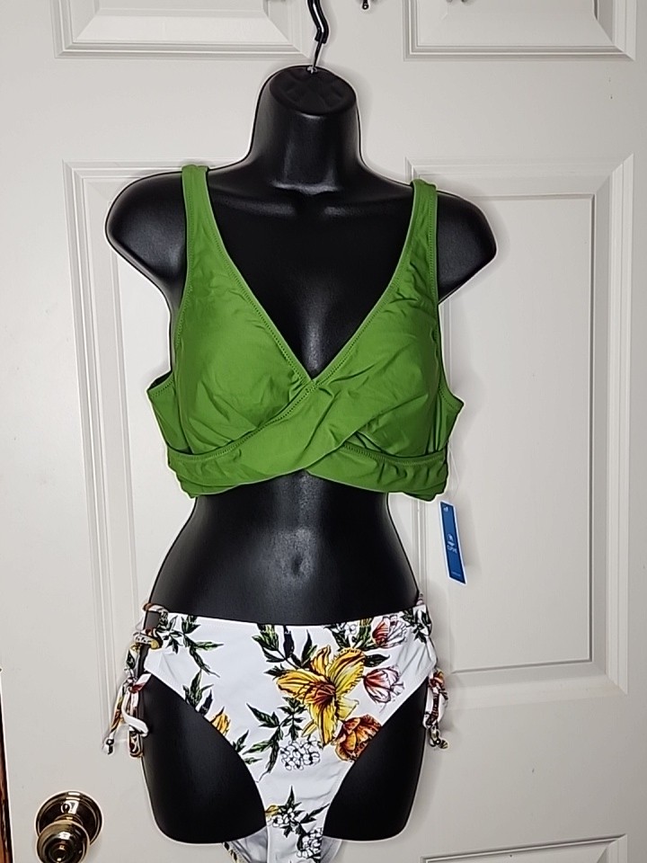 Xl Women 2 Piece Swimsuit Green Floral Front Cross Back Lace Up Tie Side Cupshe