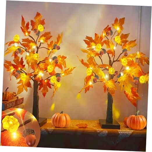 2 Pack 20 Inch Prelit Fall Maple Tree with Timer for Thanksgiving Decor