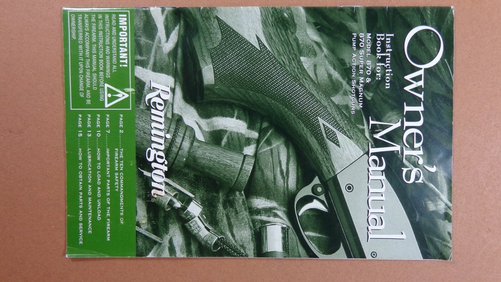 Remington Model 870 & 870 Super Magnum Owners Manual Only
