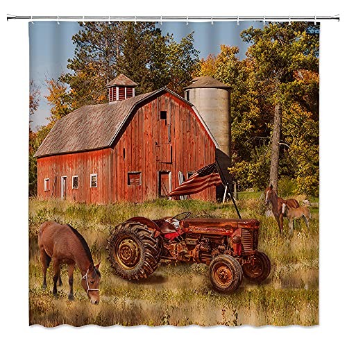 Vintage Farm Truck Shower Curtain 70x70 Inches Apple Red Moss Green