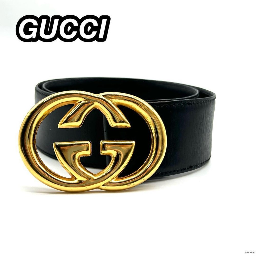 Vintage Gucci Black Leather Belt Gold Interlocking Buckle Italy Authentic Japan RIN
