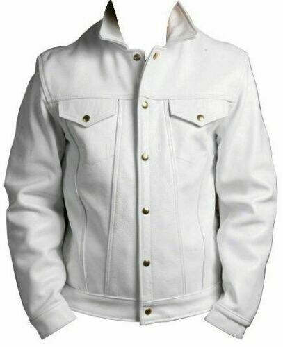 Men's White Trucker Jacket Denim Jacket Style Real Leather Buttoned Closure