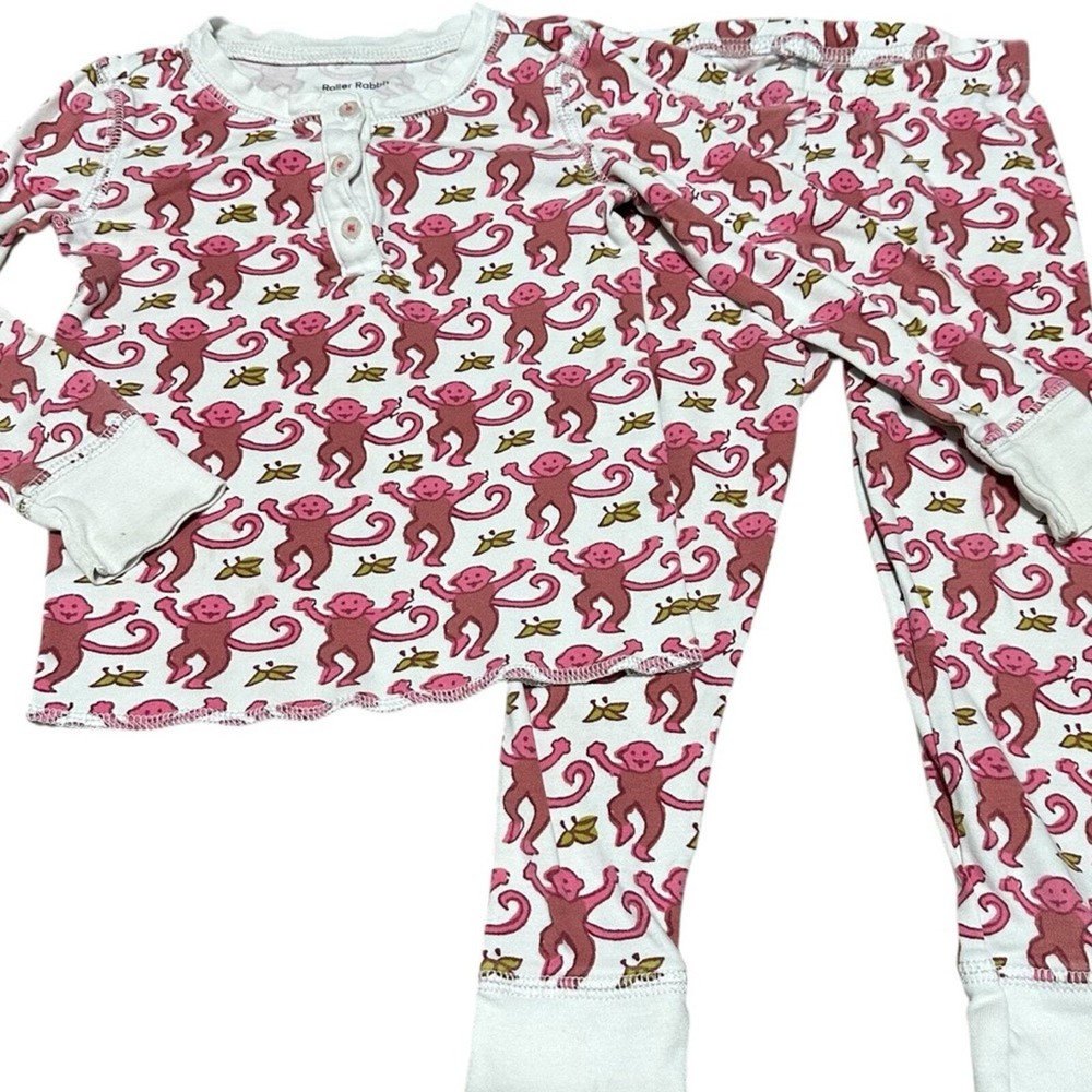 Roller Rabbit Pink Monkey Pajama Set Girl's 2 2T Pants Long Sleeve Top Cotton
