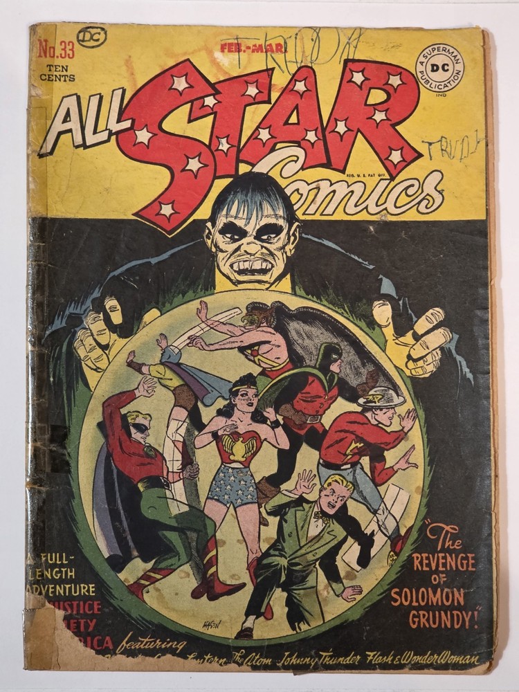 ALL STAR COMICS # 33 F 1947 CLASSIC SOLOMON GRUNDY 2nd Cover 3rd App. Golden Age