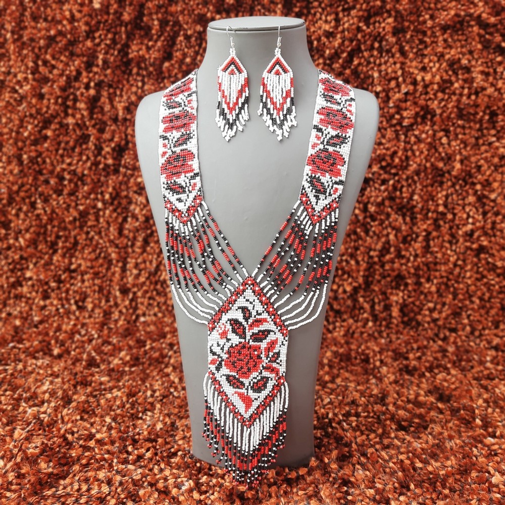 Unique Handmade Seed Bead American Style Boho Beaded Necklace & Earrings Set