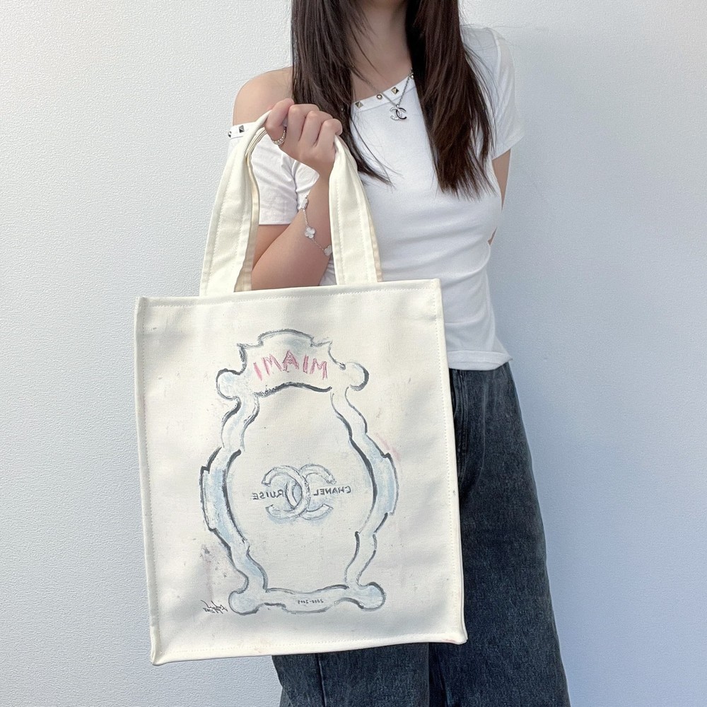 Chanel Vintage Coco Mark Cruise Miami White Canvas Tote Bag No 12 Preowned