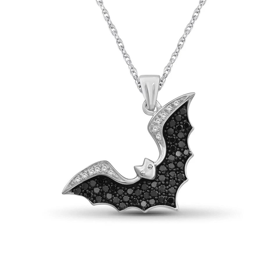 1 CT Round Simulated Black Diamond Bat Halloween Pendant 14k White Gold Plated