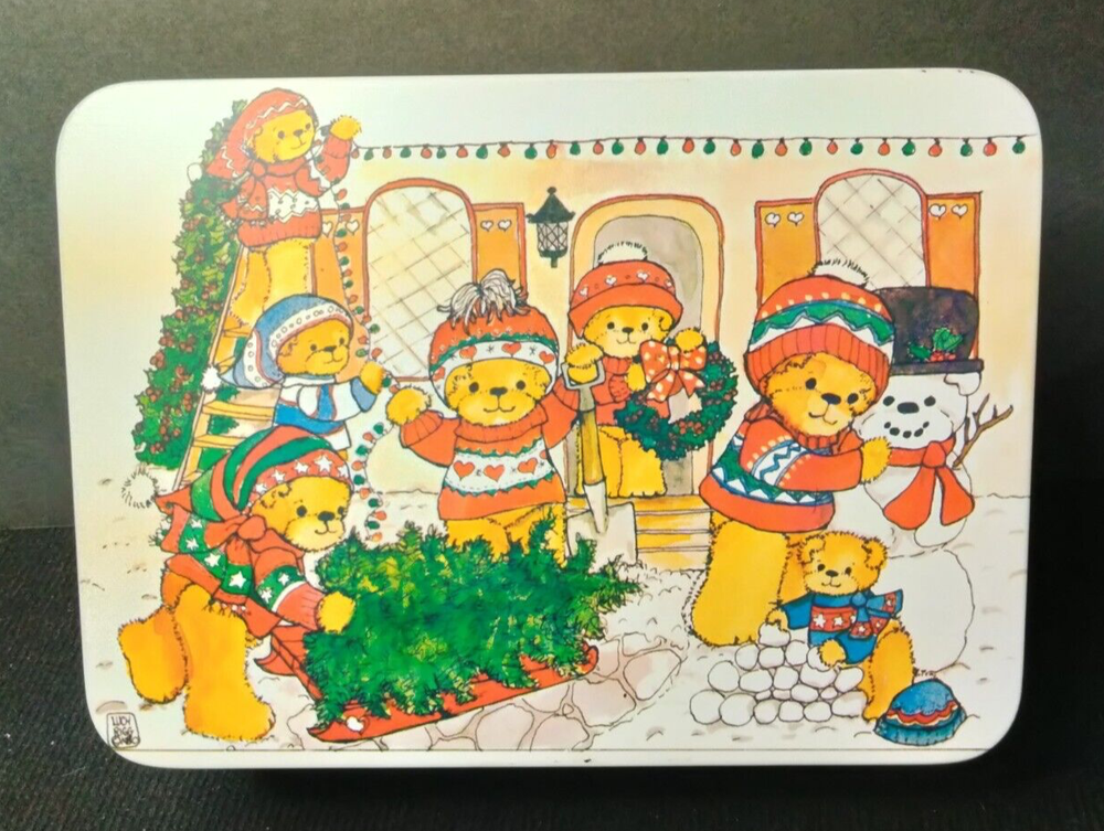 Enesco Tin Container Box Christmas Bear’s Dinner Vintage Hong Kong - Pre-Owned