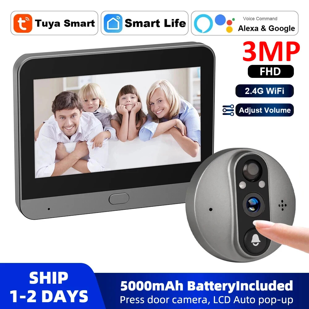 Smart Tuya Peephole 5000mAh Doorbell Door Eye Camera Infrared Alexa Google Video