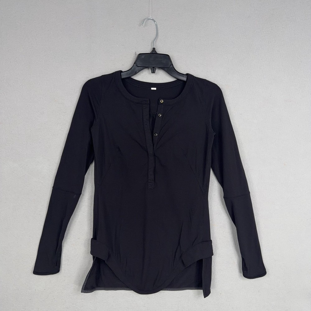 Lululemon Shirt Womens 2 Black Long Sleeve Henley Tunic Thumbholes Yoga Gym