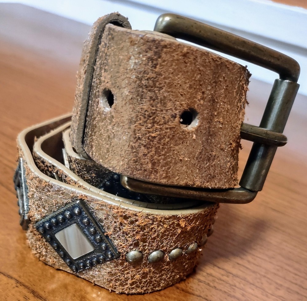Another Line Distressed Italian Leather  Wide Gold Belt Studded Brass Buckle