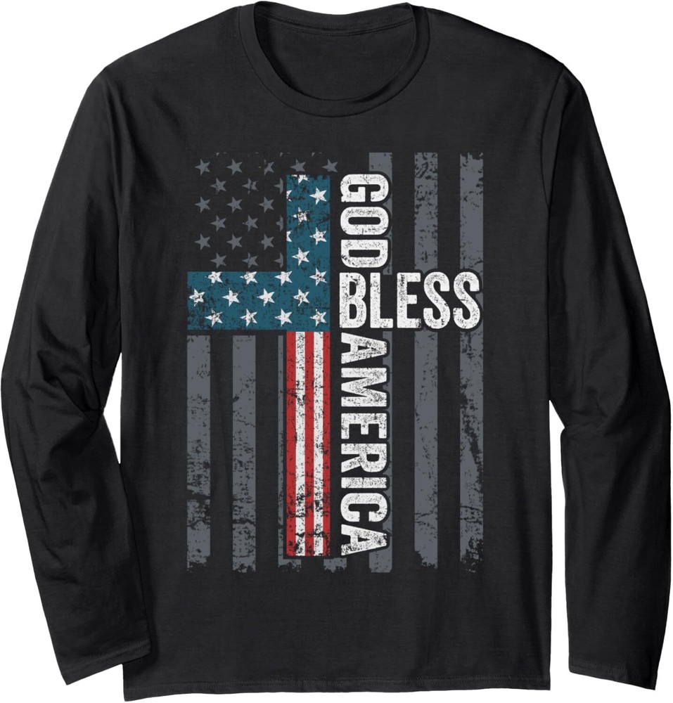God Bless America - Patriotic Christian Cross USA Flag Long Sleeve T-Shirt