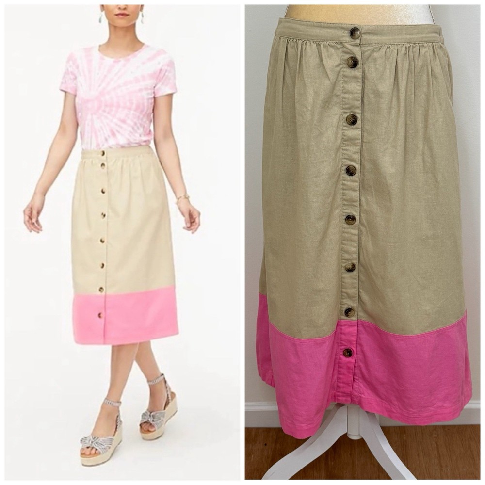 J. Crew Colorblock Linen Blend Button Front Midi Skirt M Tan Pink