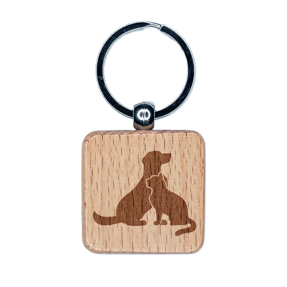 Cat and Dog Sitting Together Pet Engraved Wood Square Keychain Tag Charm