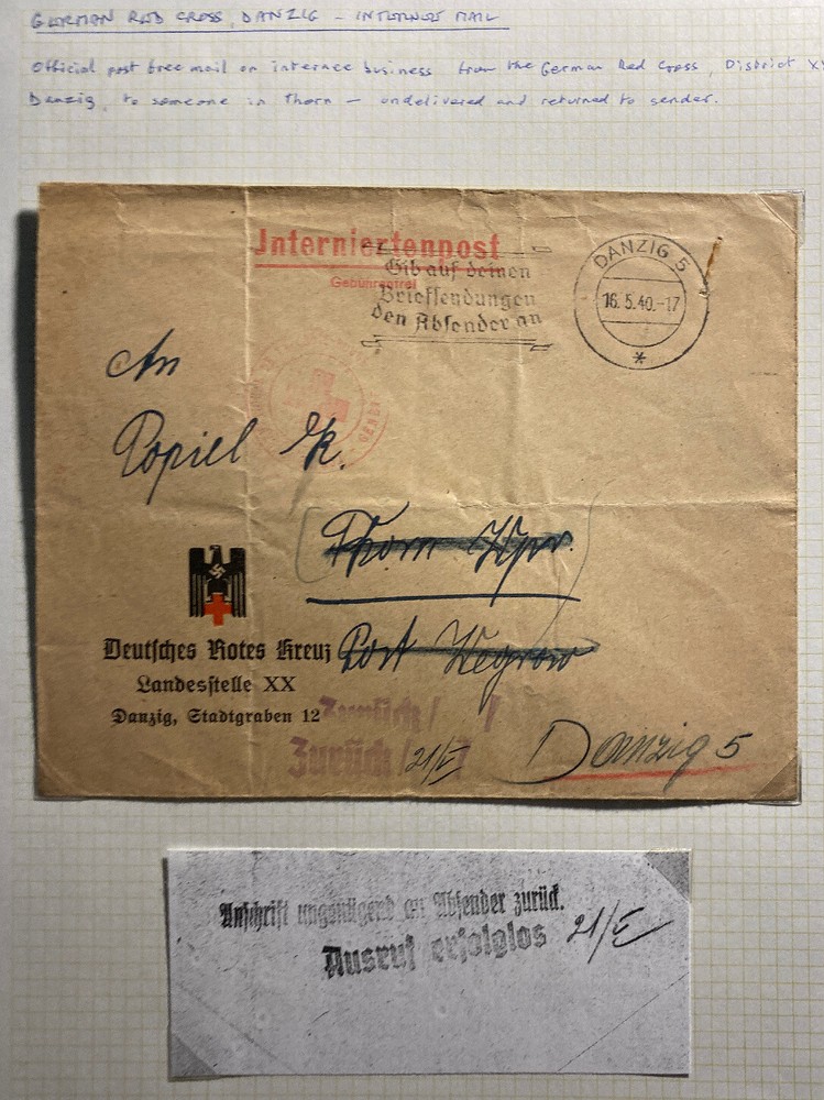 1949 Danzig Red Cross Official Internee Cover Locally Used Free Postage