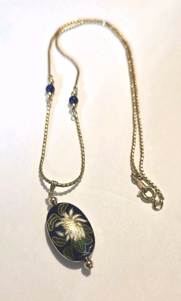 AVON Signed Cloisonne Floral Gold Tone Oval Pendant Blue Beads Necklace Vintage