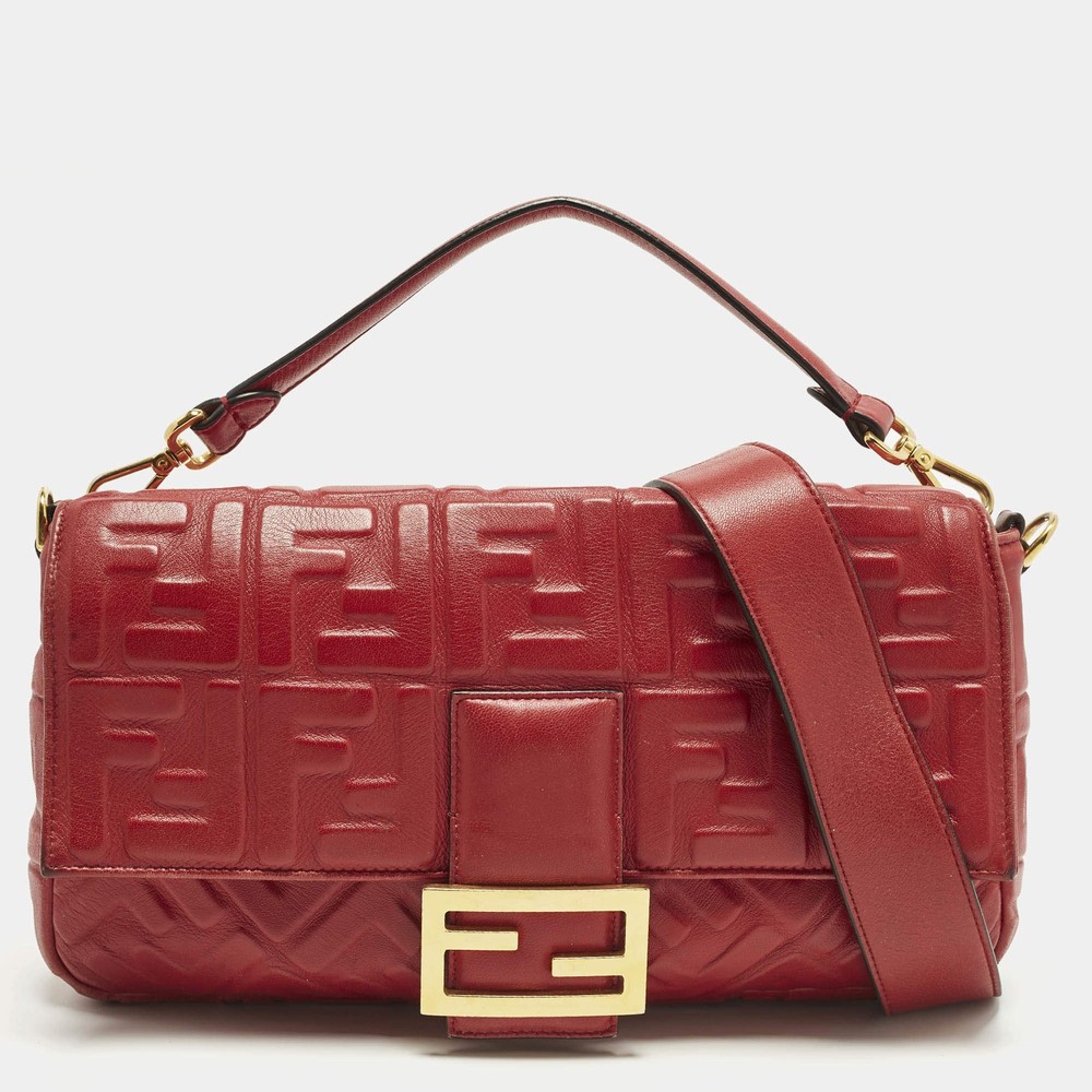 Fendi Baguette Large Red Zucca Embossed Leather Shoulder Bag