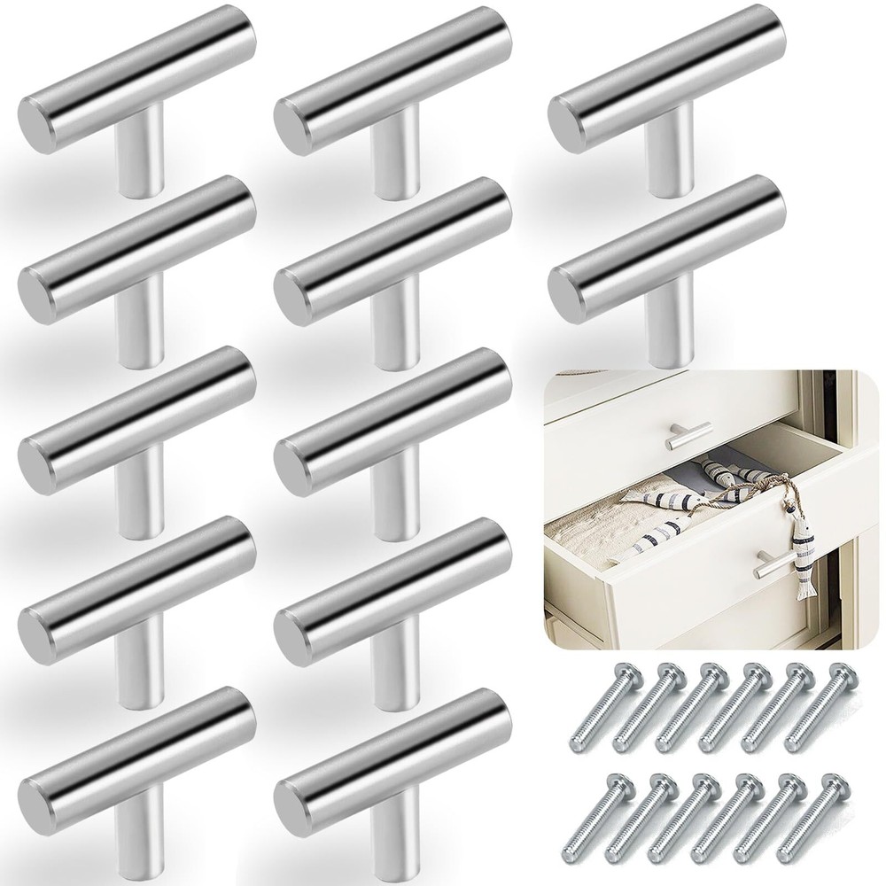 12PCS Silver T-Shaped Cabinet Knobs with Screws for Kitchen Cabinets