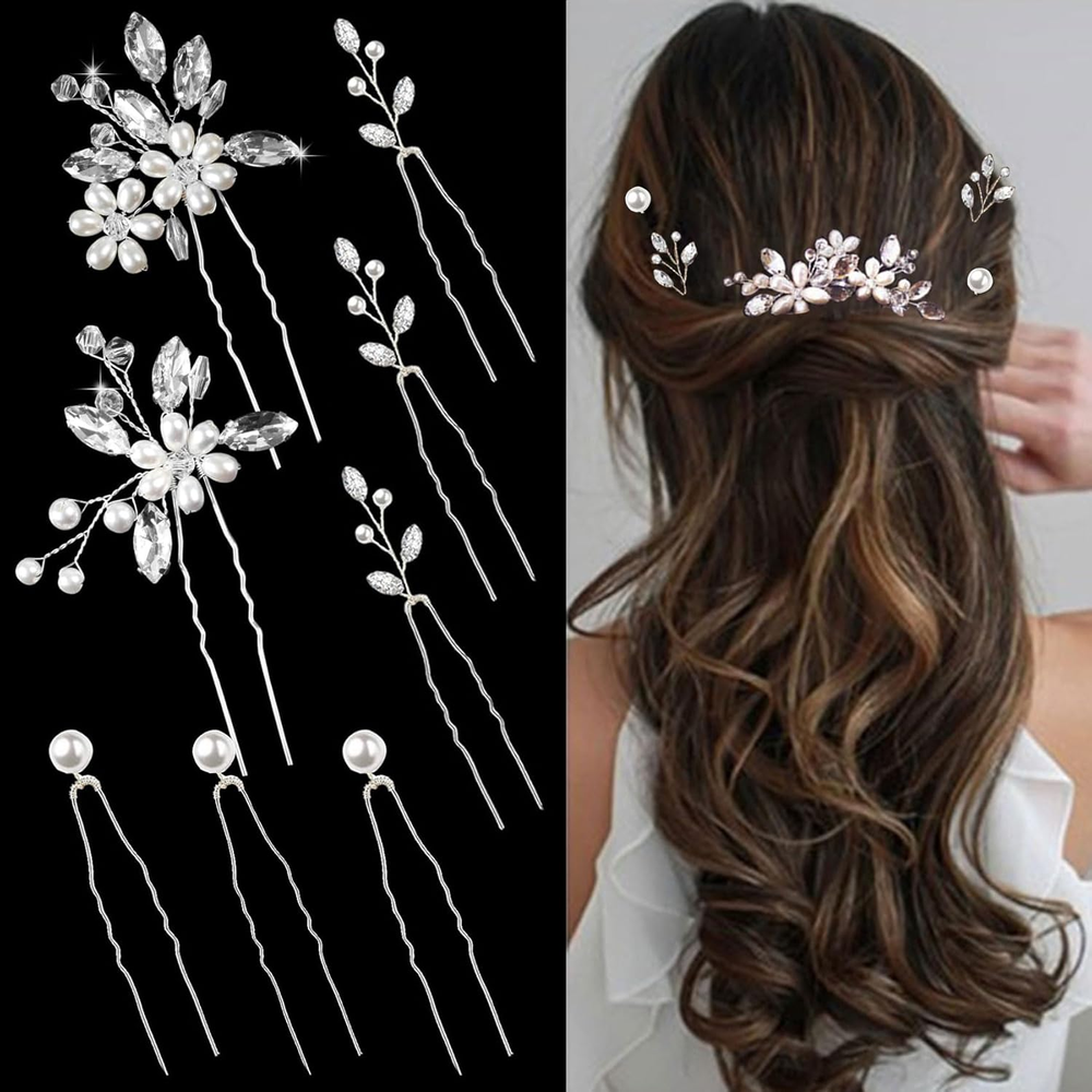 8 Silver Rhinestone Bridal Hair Pins for Wedding Hairstyles