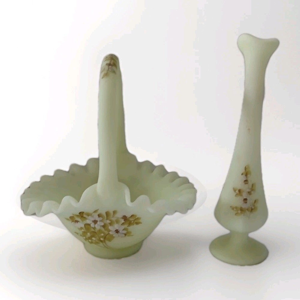 Hand-Painted Green Glowing Fenton Custard Glass Vase with Decorative Basket Signed