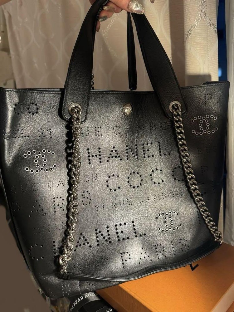 Chanel Punching Chain Shoulder Tote Bag in Black Leather